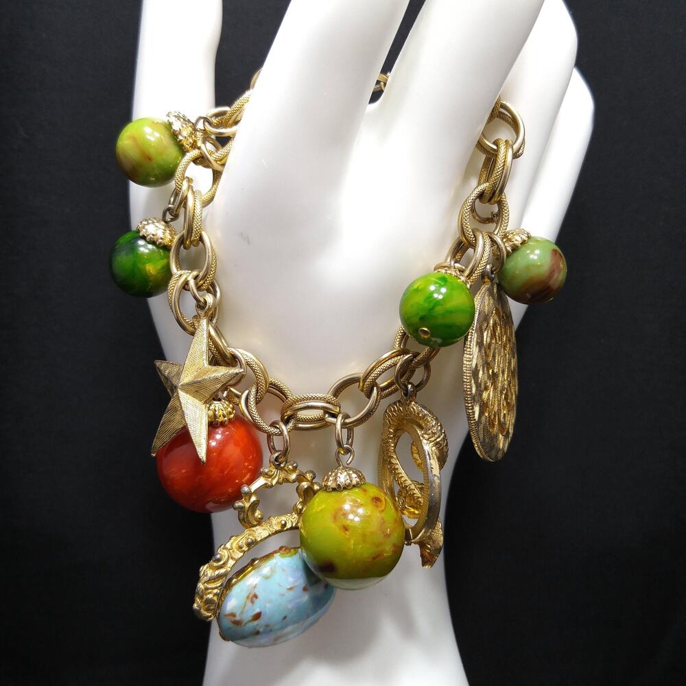 Vintage 1960s Charm Bracelet Lucite Beads Star Coin Snake Gold Tone